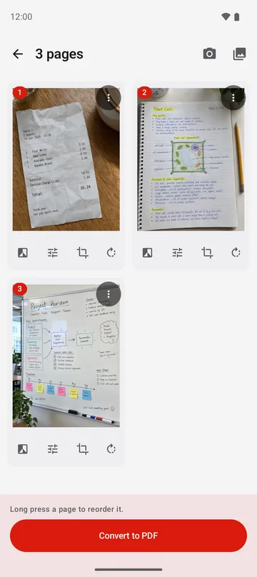 The PDFriend editor with 3 pages: a receipt, class notes and a whiteboard