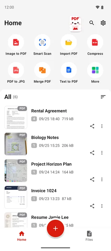 The PDFriend home screen with 7 tools, a More button and a list of PDF files