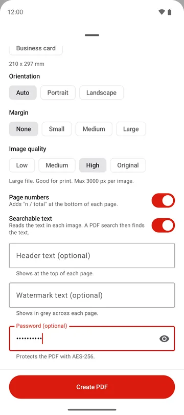 The PDF options: file name, images per page, page size, orientation and margin